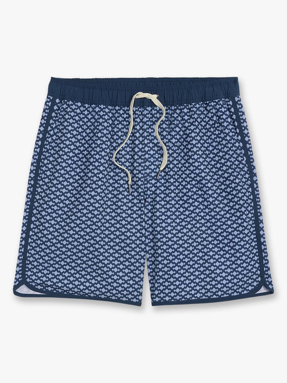 Navy blue swim shorts with an all-over diamond pattern and cream drawstring waistband.