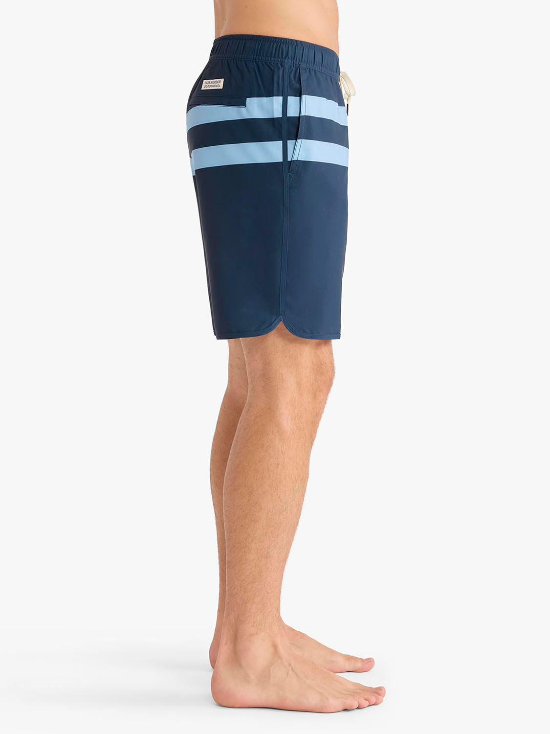 Men's swim trunk with light blue and navy horizontal stripes and drawstring waistband shown from the side.