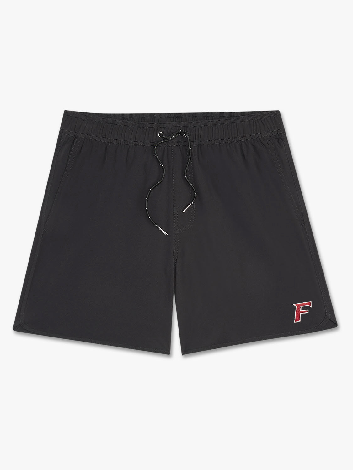 Black shorts with drawstring waist and small red F logo on right leg.