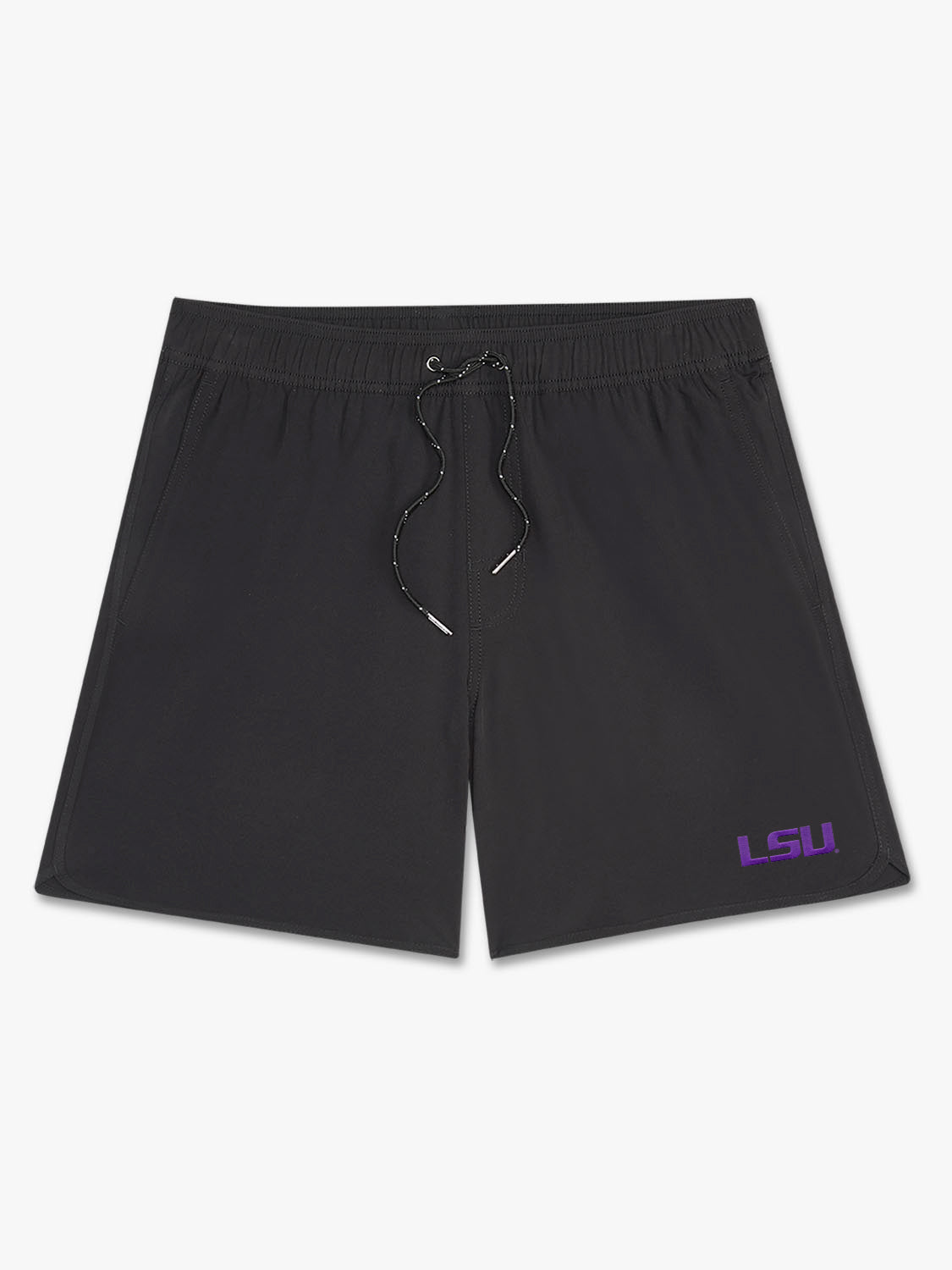Black swim shorts with LSU logo in purple on lower right leg and drawstring waistband.