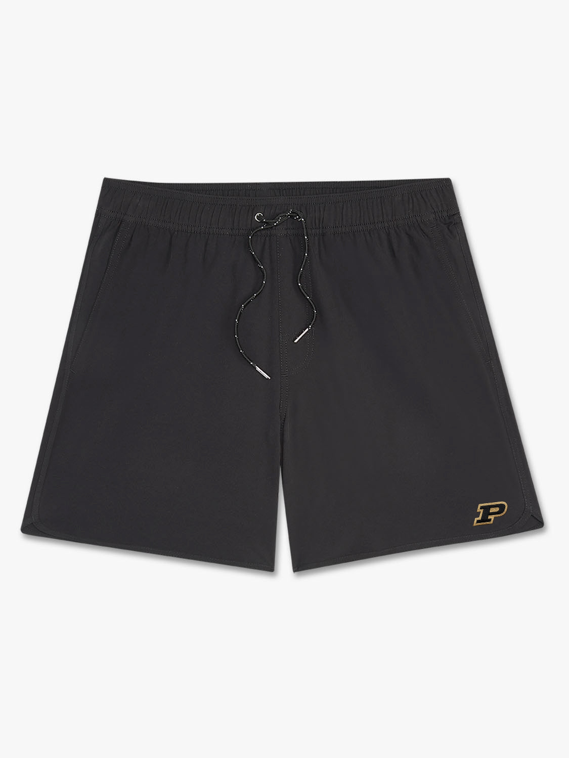 Black shorts with drawstring waistband and small gold Purdue P logo on leg.