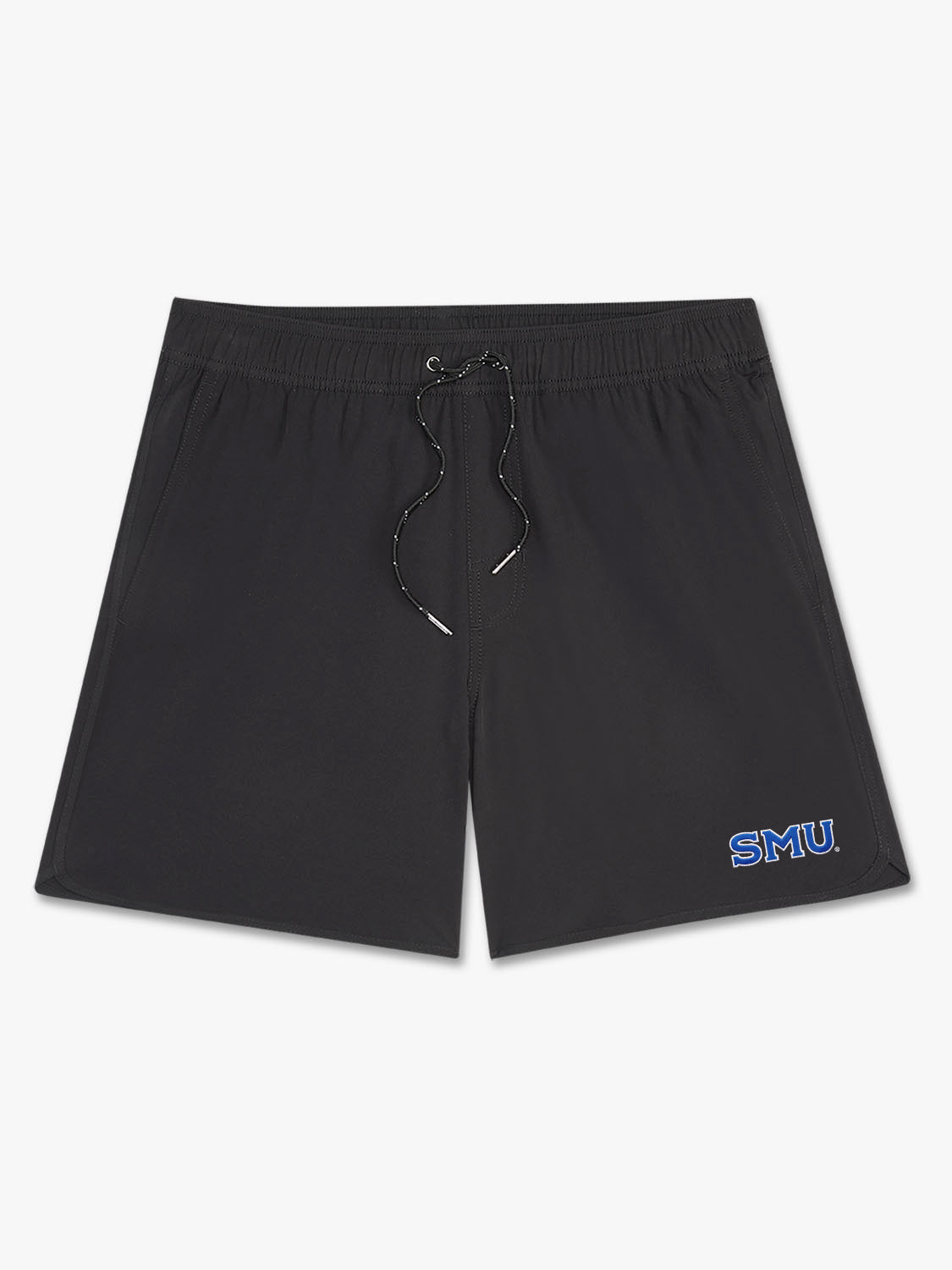 Black swim shorts with elastic waistband, drawstring tie, and SMU logo on right leg.