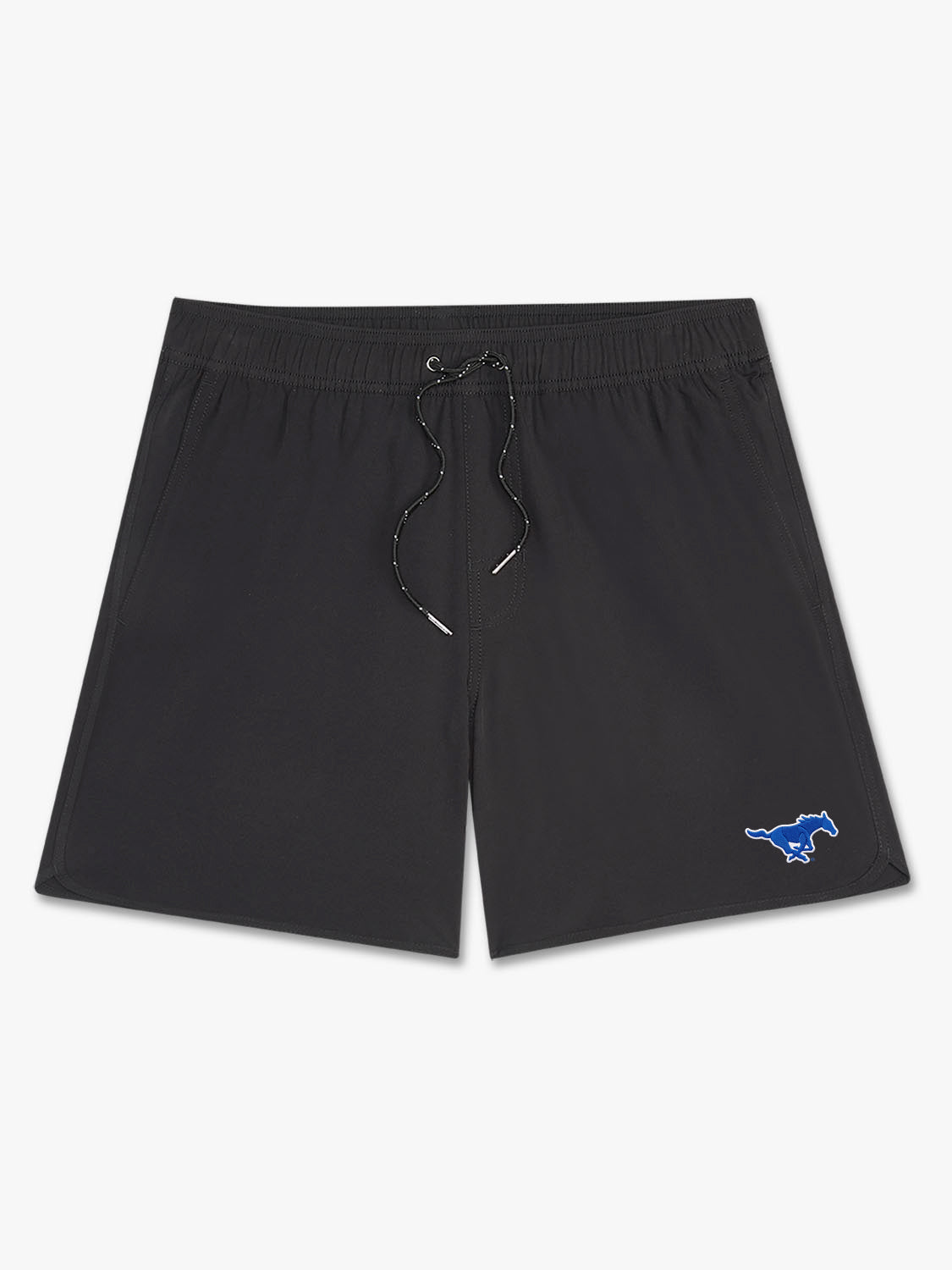 Black swim shorts with an elastic waistband, drawstring closure, and blue anchor logo on the leg.
