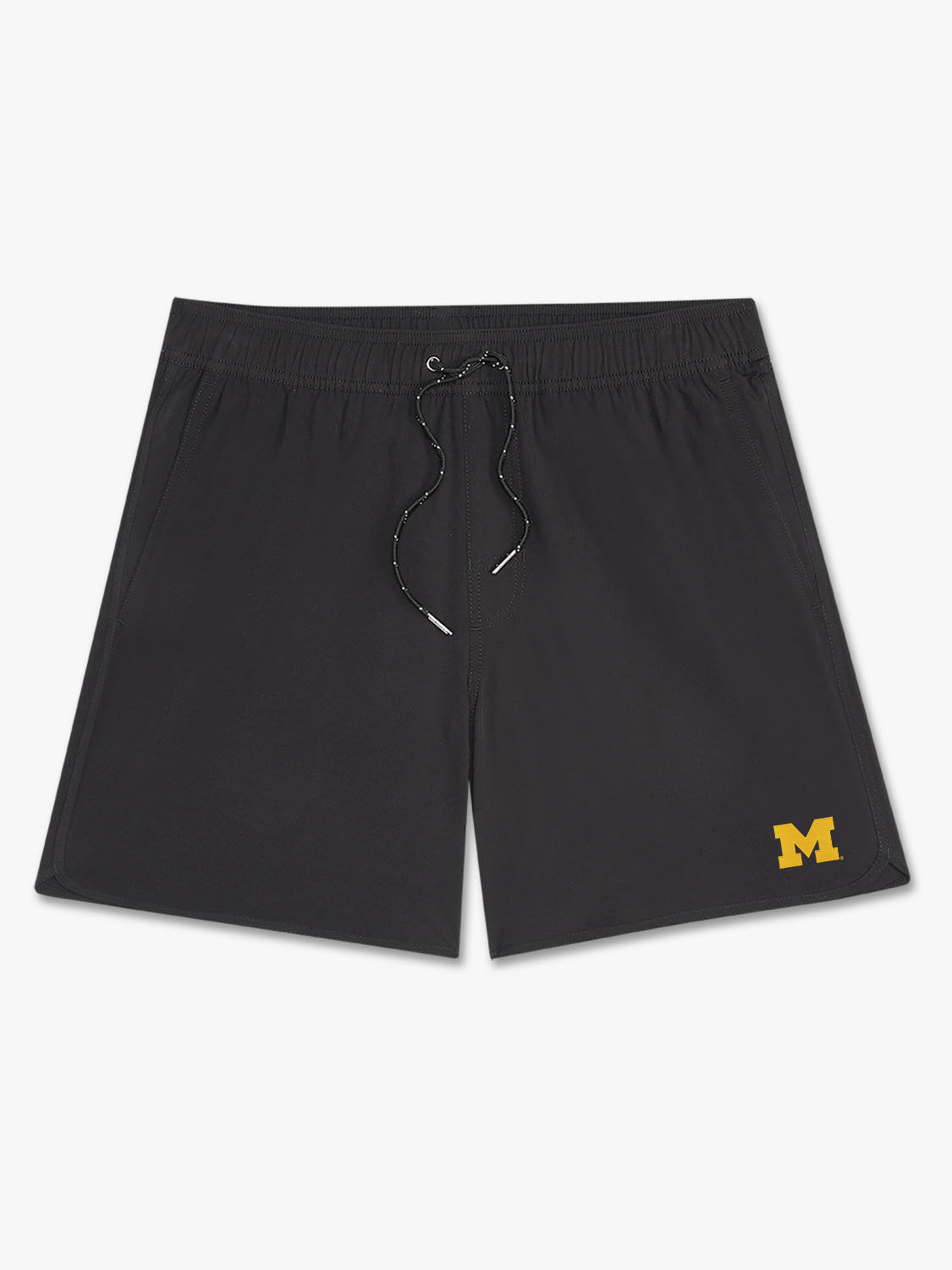 Black swim shorts with drawstring waistband and University of Michigan yellow logo on lower right leg.