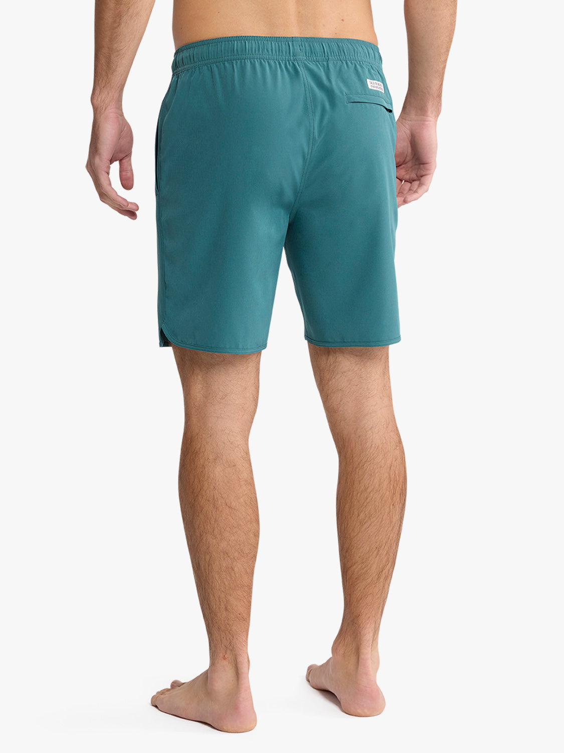 Man wearing seapine green swim shorts with elastic waistband and back pocket detail.