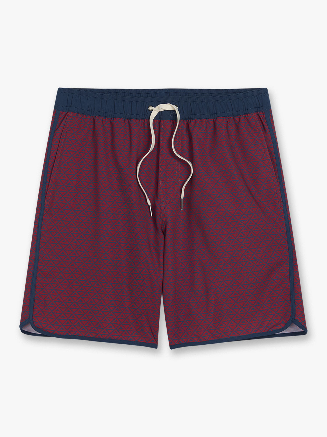 Red swim shorts with geometric pattern, navy waistband, and white drawstring detail.