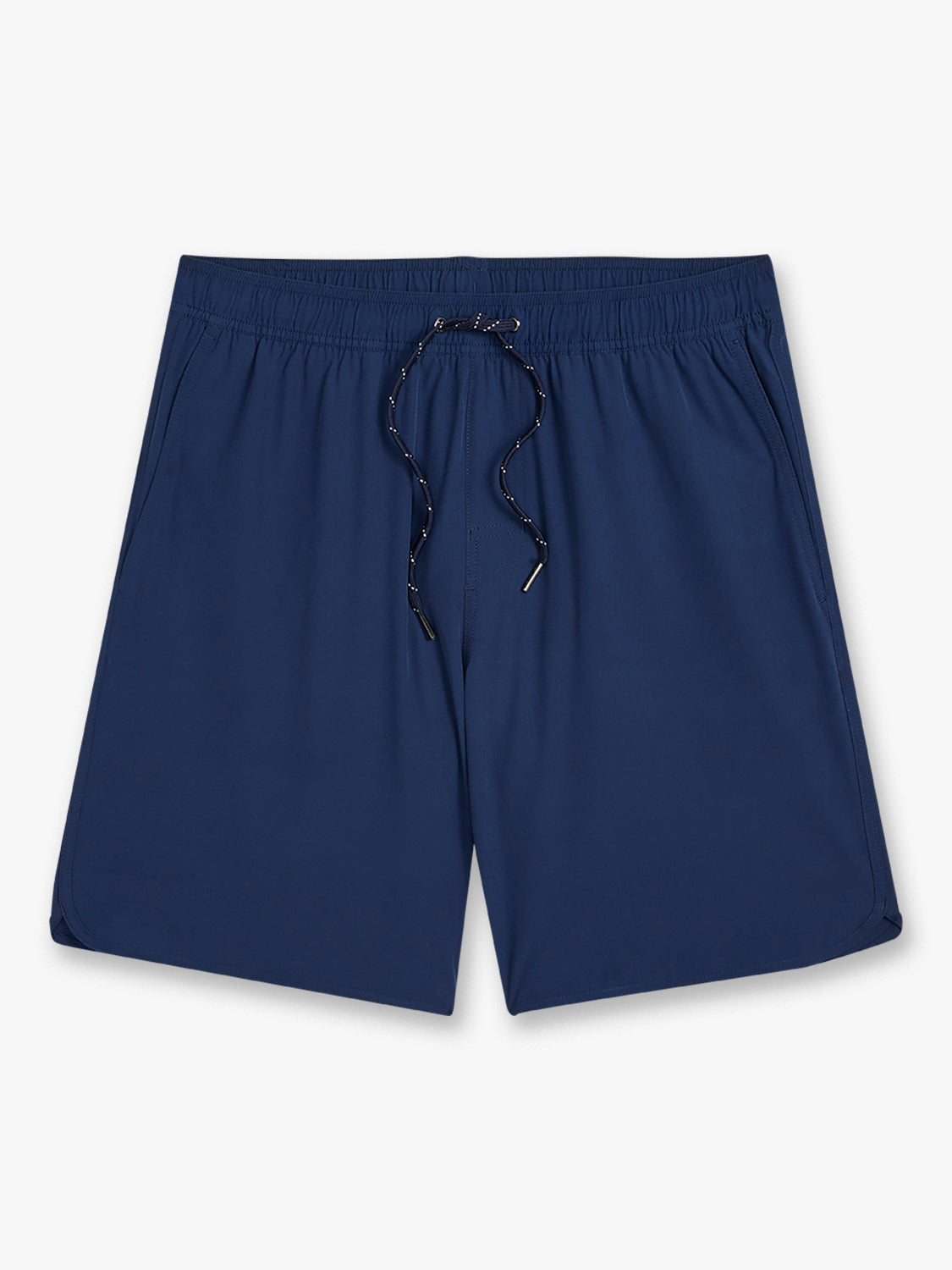 Navy blue swim shorts with elastic waistband and drawstring closure displayed flat against white background.