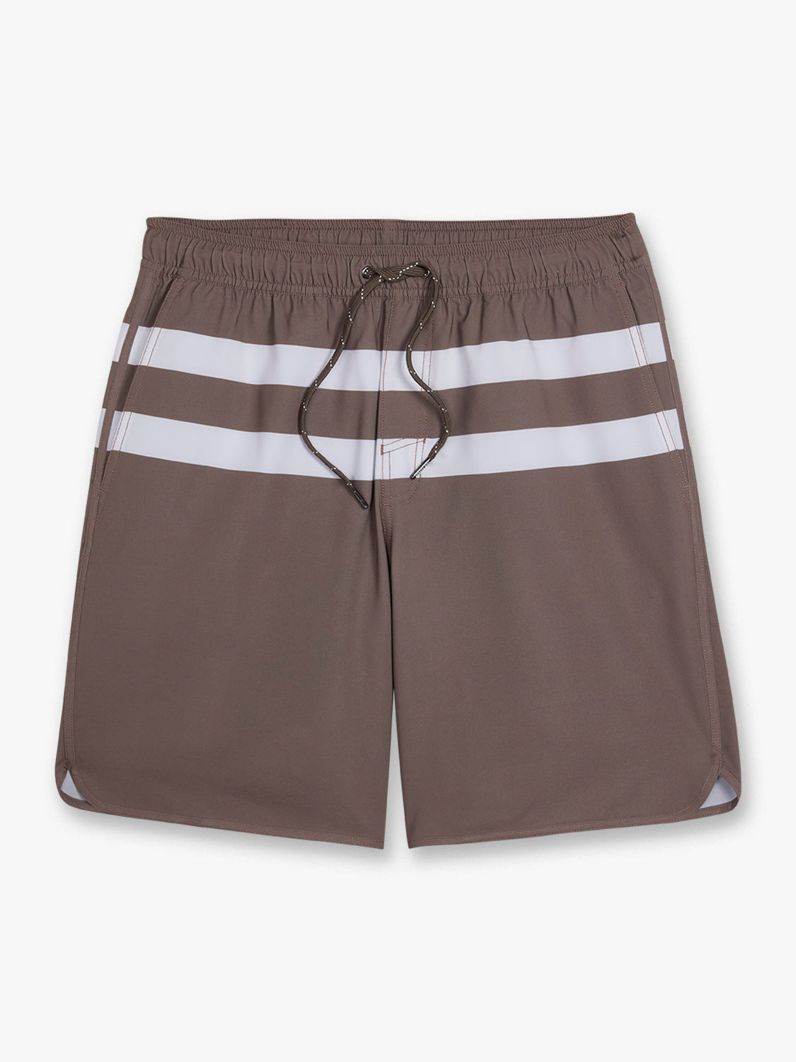 Brown swim trunks with white horizontal stripes and a drawstring waist closure.