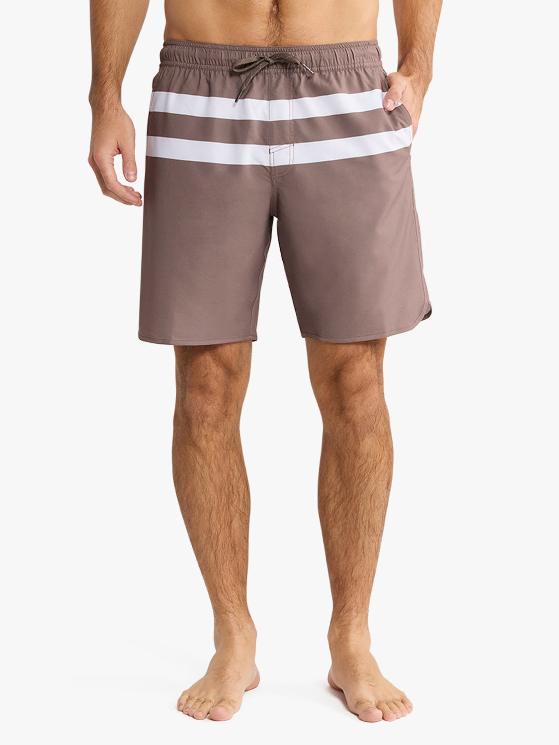 Brown swim trunks with white horizontal stripes and drawstring waistband worn by man.