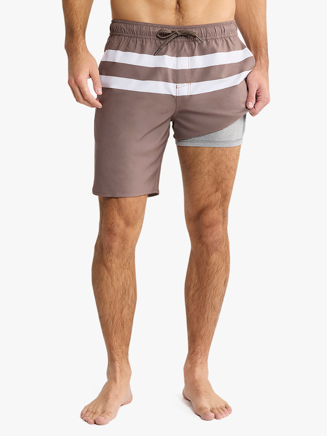 Brown swim trunk with white horizontal stripes and gray mesh lining visible at leg opening.