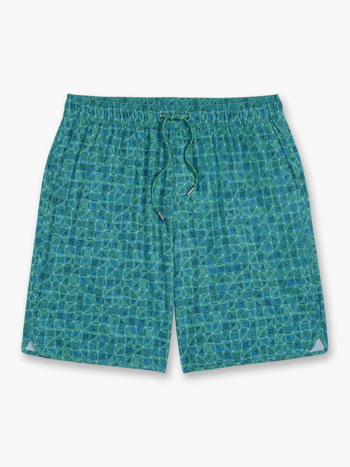 Teal geometric patterned swim shorts with drawstring waist and side vents displayed flat.