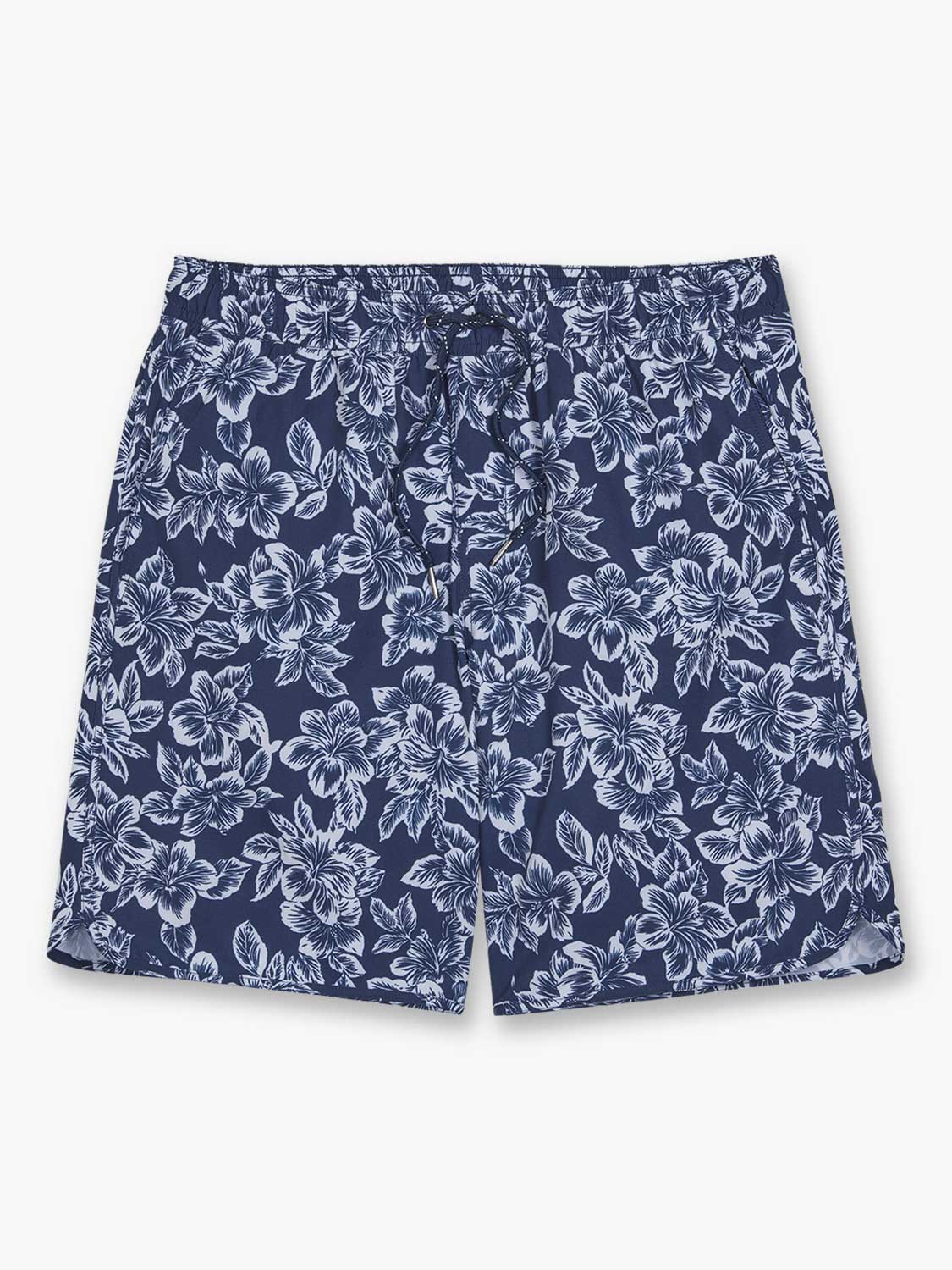 Navy shorts with white botanical floral pattern throughout the fabric.