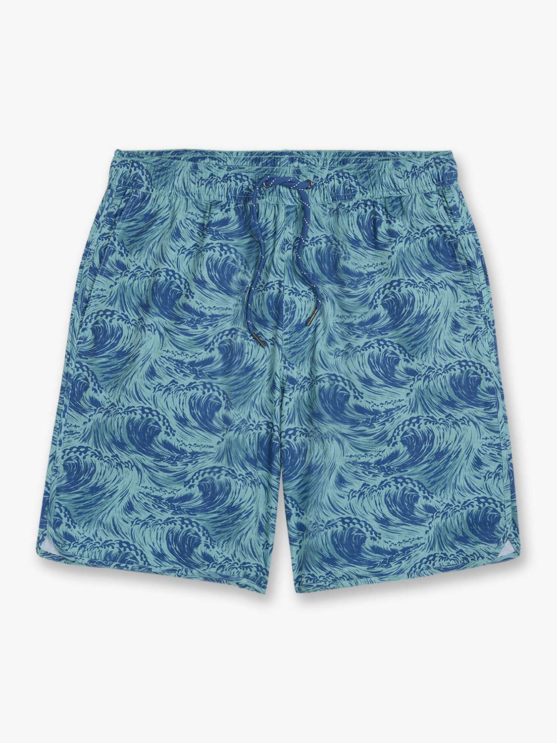 Blue swim shorts with an all-over wave pattern in varying shades of blue and teal.