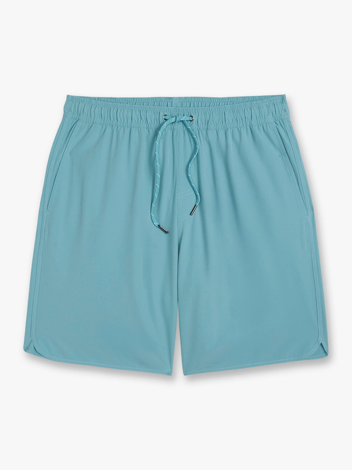 Bay blue shorts with elasticated waistband and drawstring tie closure displayed against white background.