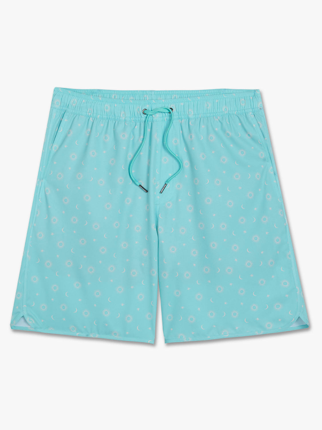 Turquoise swim shorts with sun and star pattern and drawstring waistband closure.