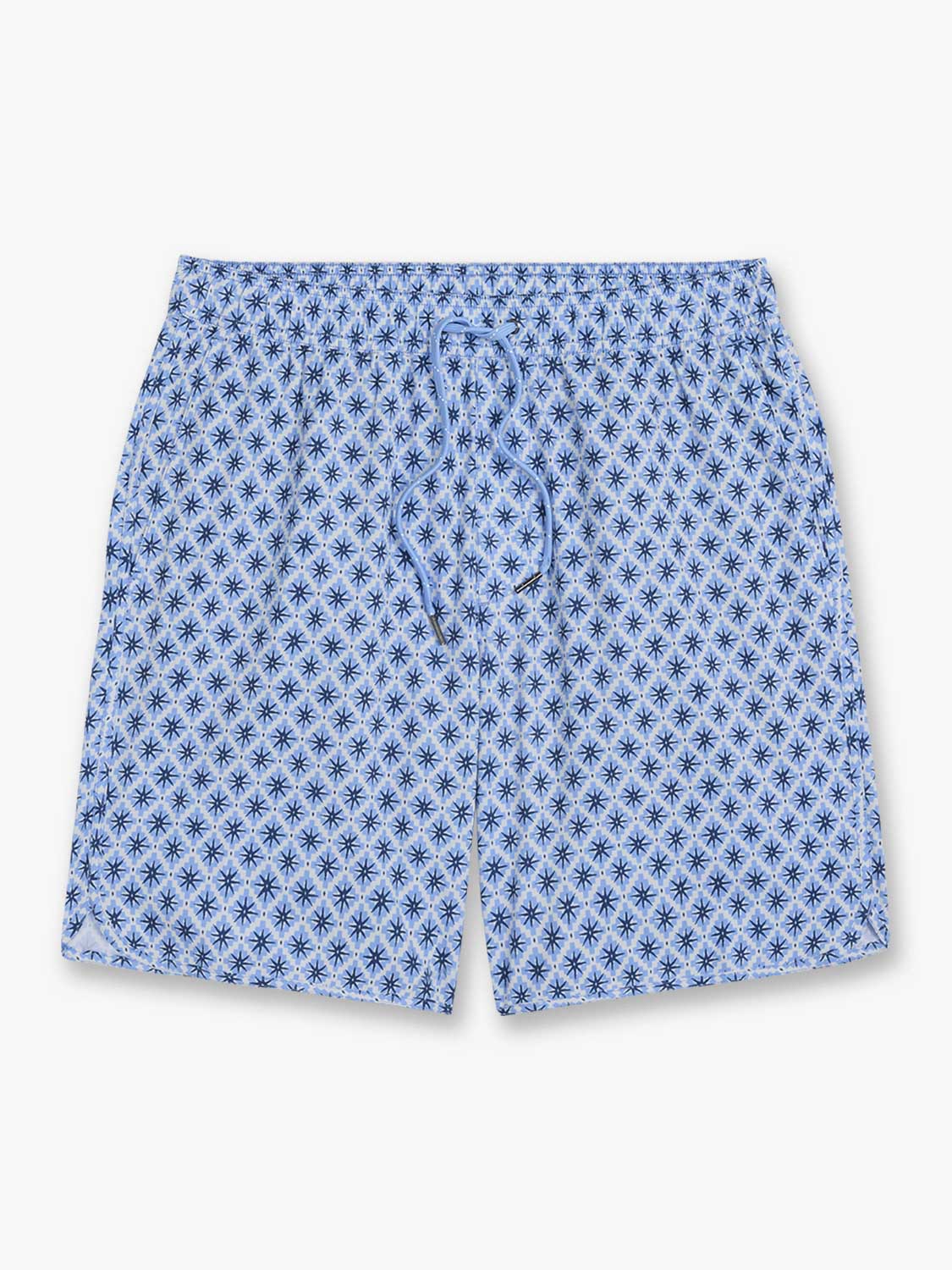 Light blue swim shorts with a dark blue star pattern throughout and an anchor emblem on the front.