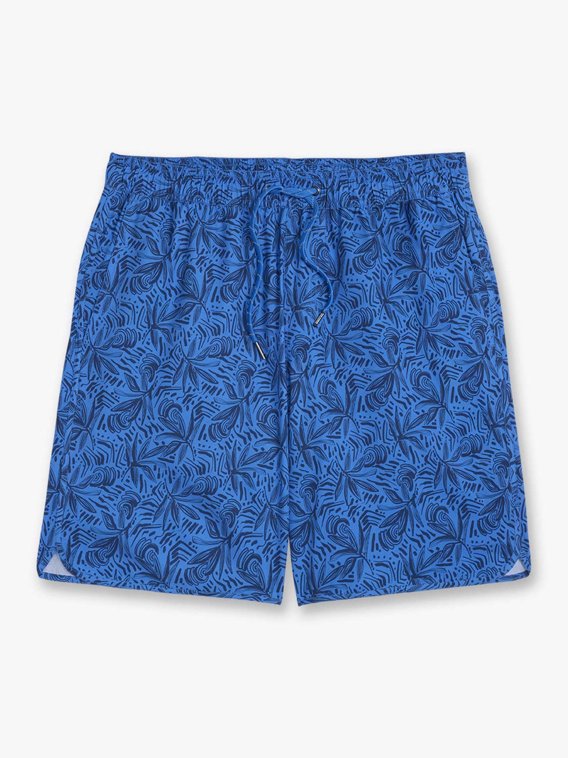 Blue swim shorts with darker leaf and anchor pattern design throughout fabric.