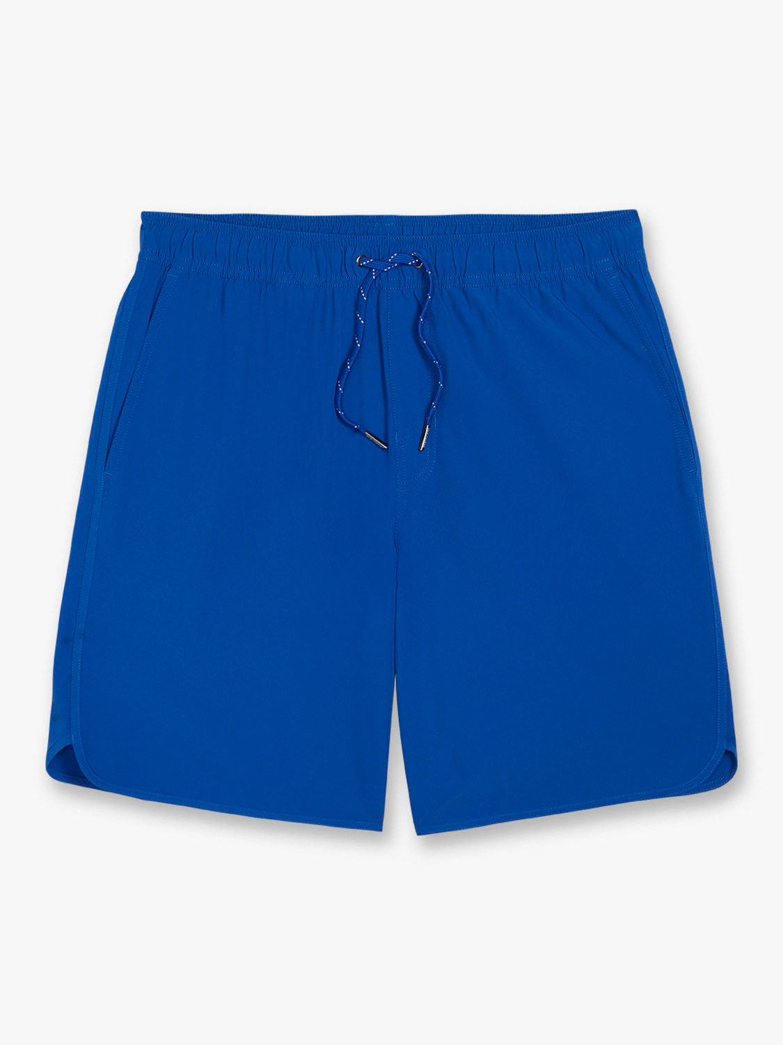 Cobalt blue swim shorts with an elastic waistband and drawstring closure displayed on a white background.