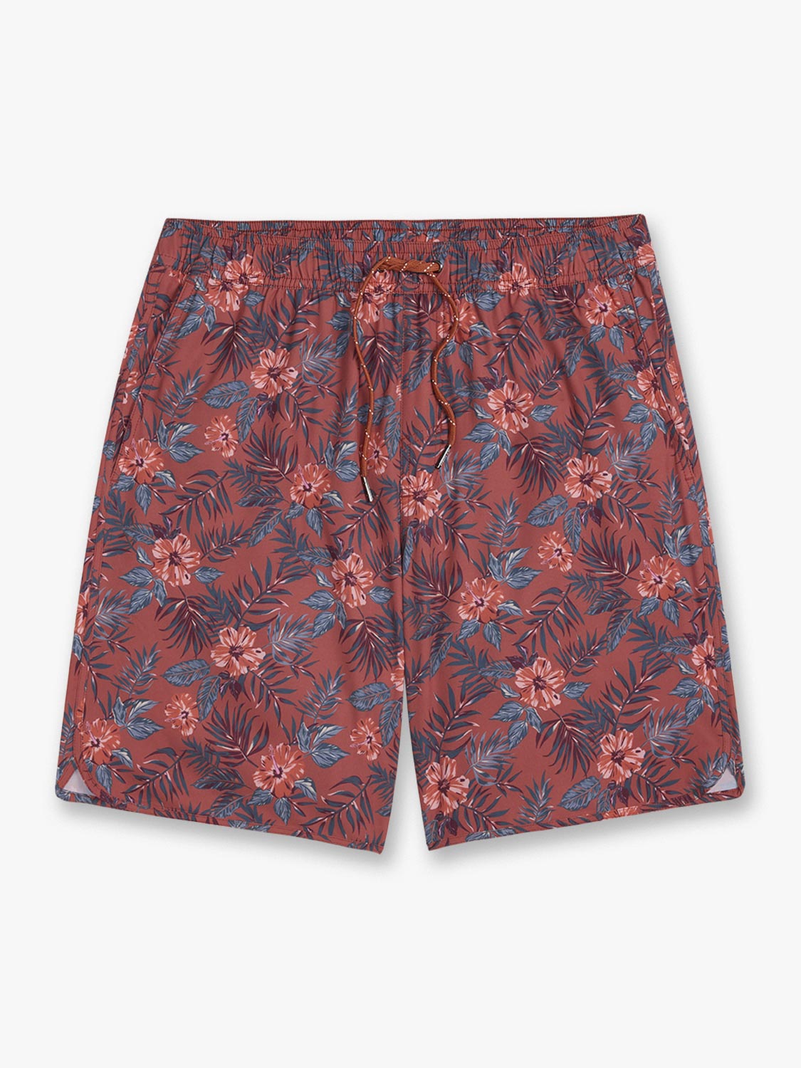 Red swim shorts with blue and coral tropical floral print throughout and drawstring waist closure.