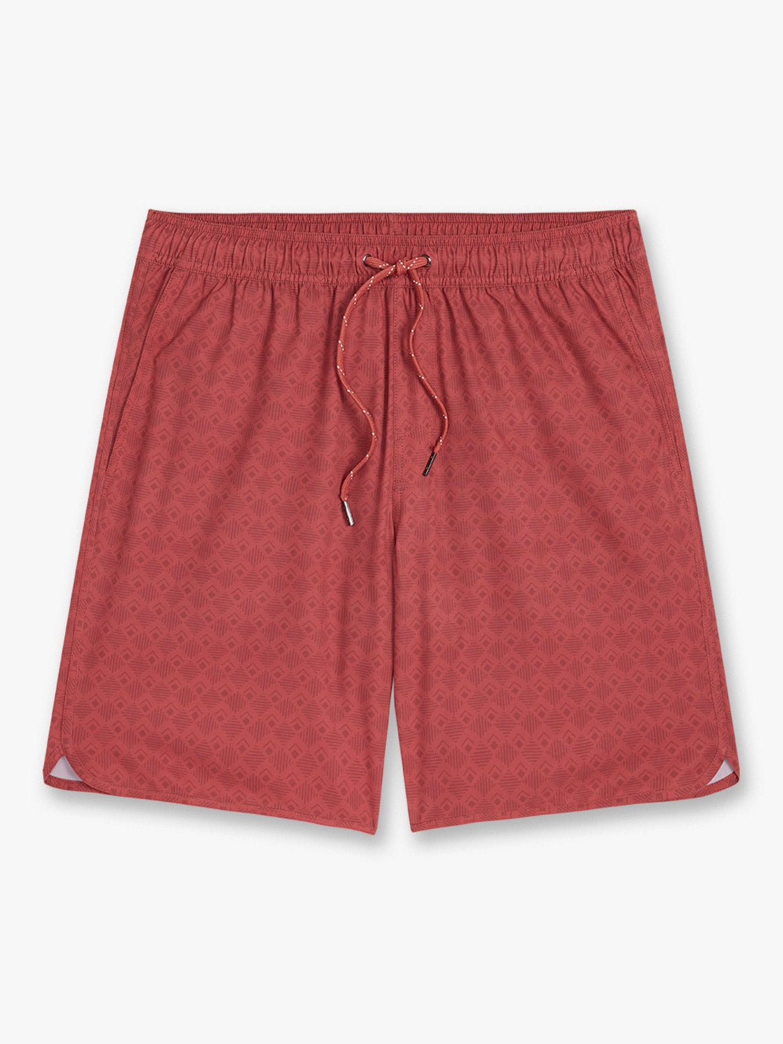 Red swim shorts with a textured tile pattern and drawstring waist closure.