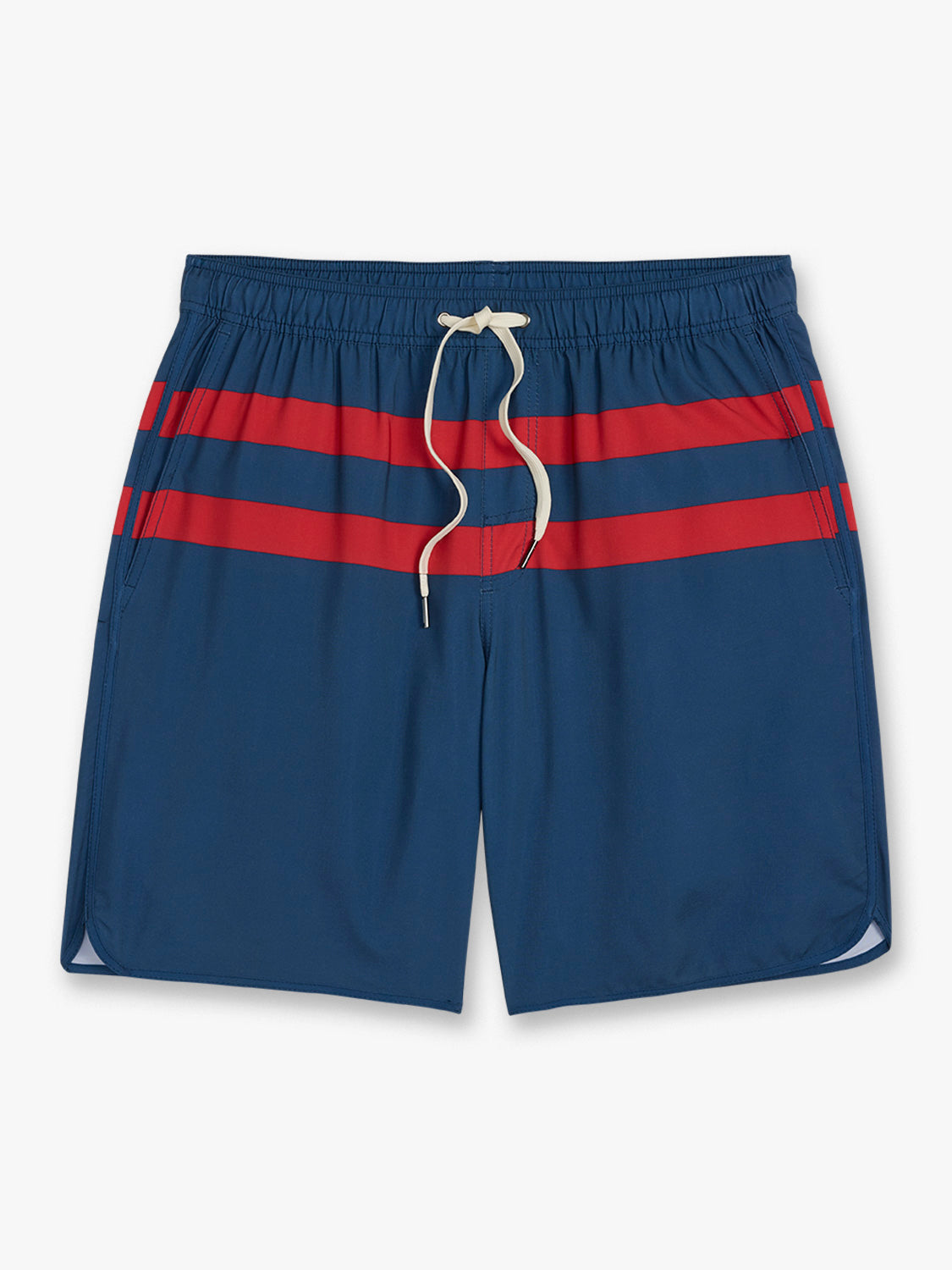 Navy and red striped swim trunks with drawstring waistband and side pockets.