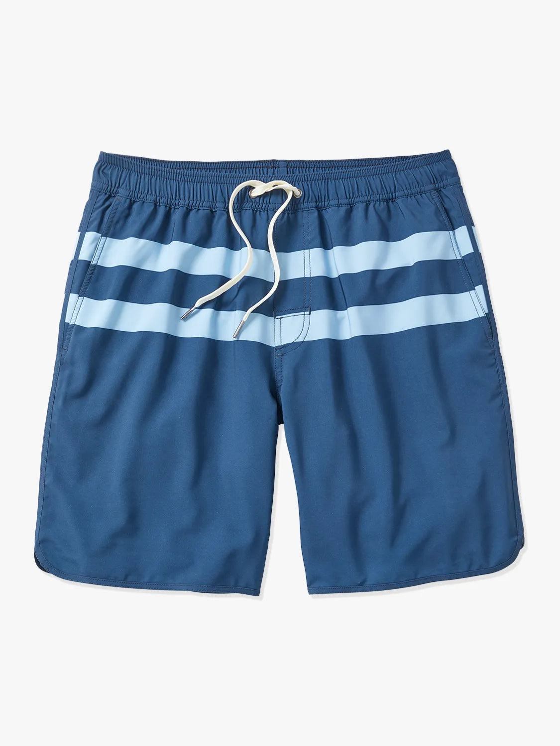 Navy and light blue striped swim trunk with white drawstring and elastic waistband.