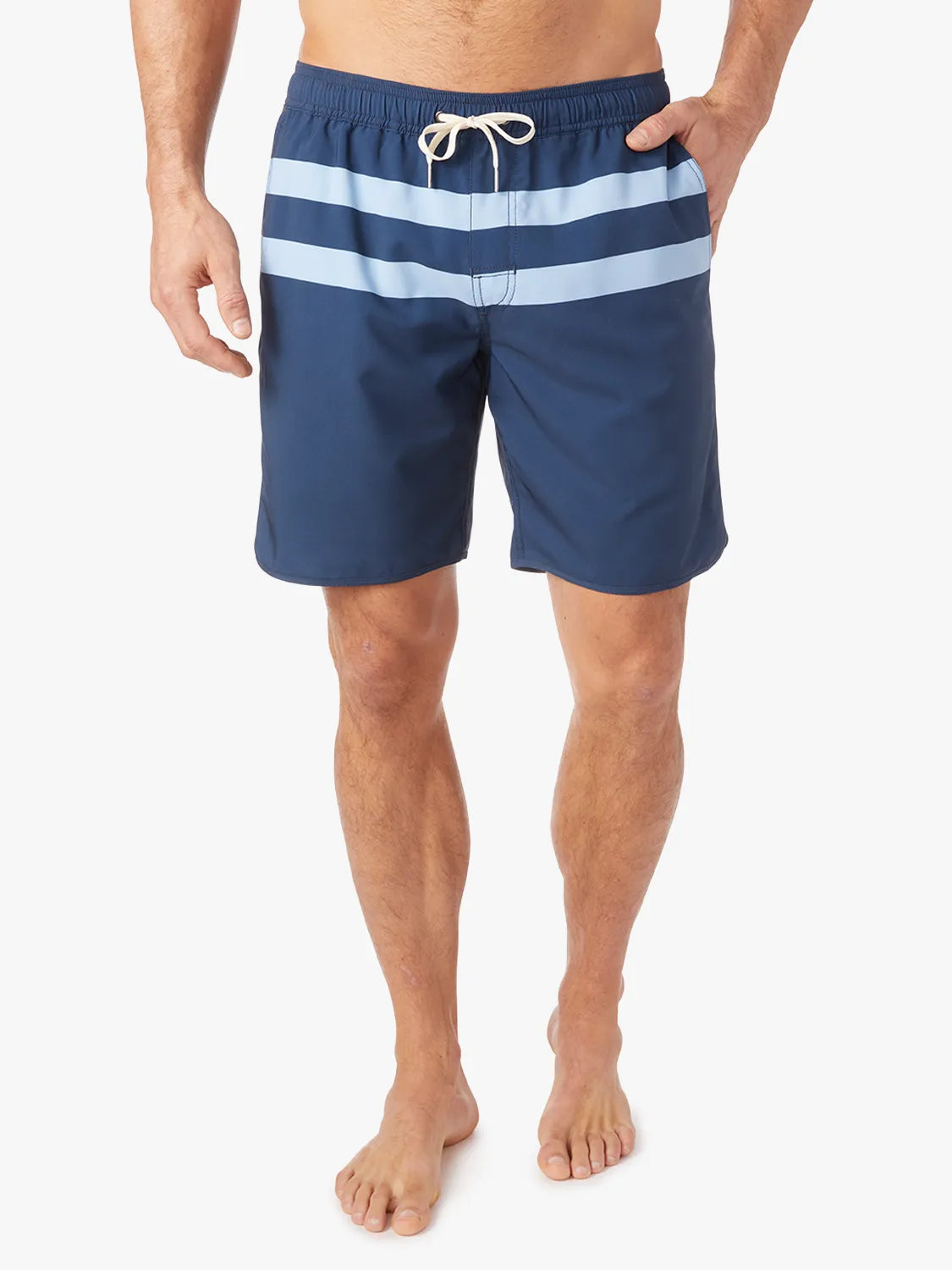Navy swim trunks with light blue horizontal stripes and a white drawstring waistband.