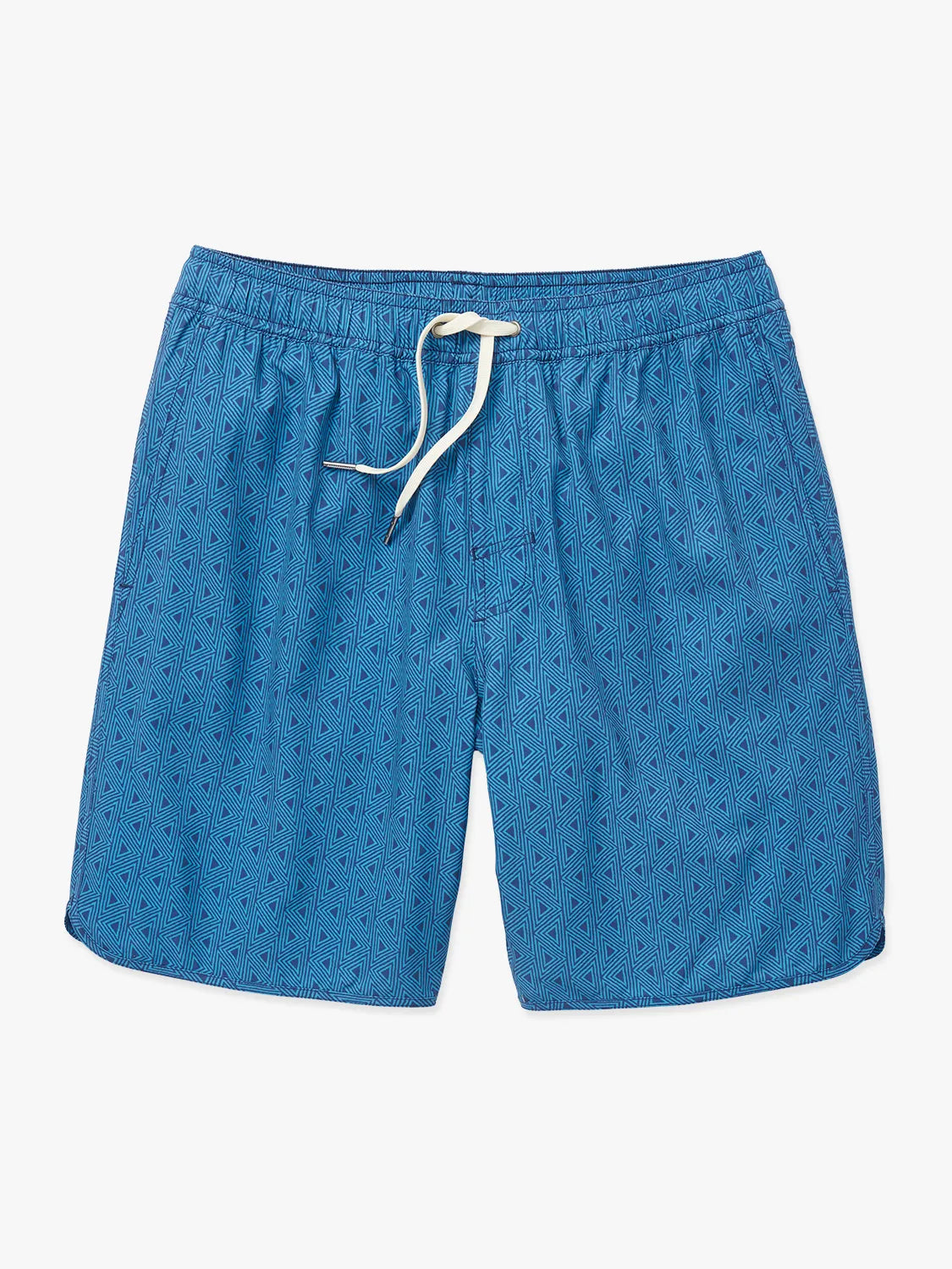 Electric blue geometric patterned Anchor Trunk in 8 inch inseam with a drawstring waistband on a white background. 