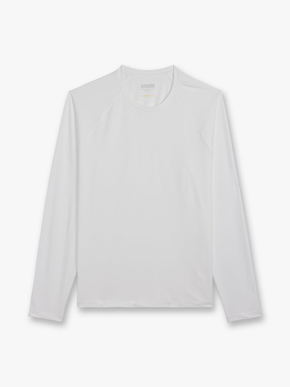 White long-sleeved rashguard with crew neckline displayed on neutral background.