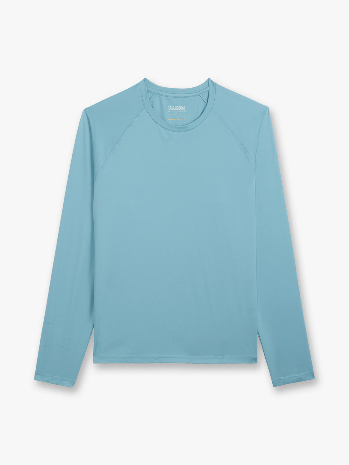 Bay blue long-sleeved rashguard with crew neckline displayed flat against white background.