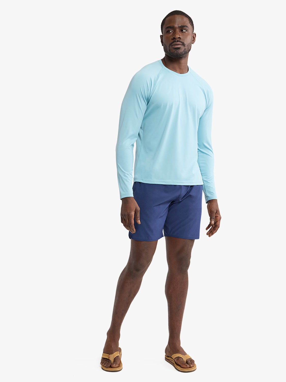 Man wearing a light blue long-sleeved rashguard with dark navy shorts and tan sandals.