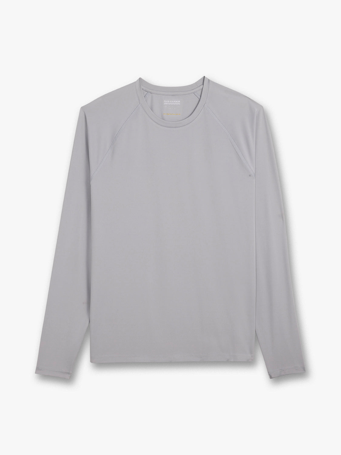 Gray long-sleeve rashguard with crew neckline and raglan sleeves displayed flat against white background.