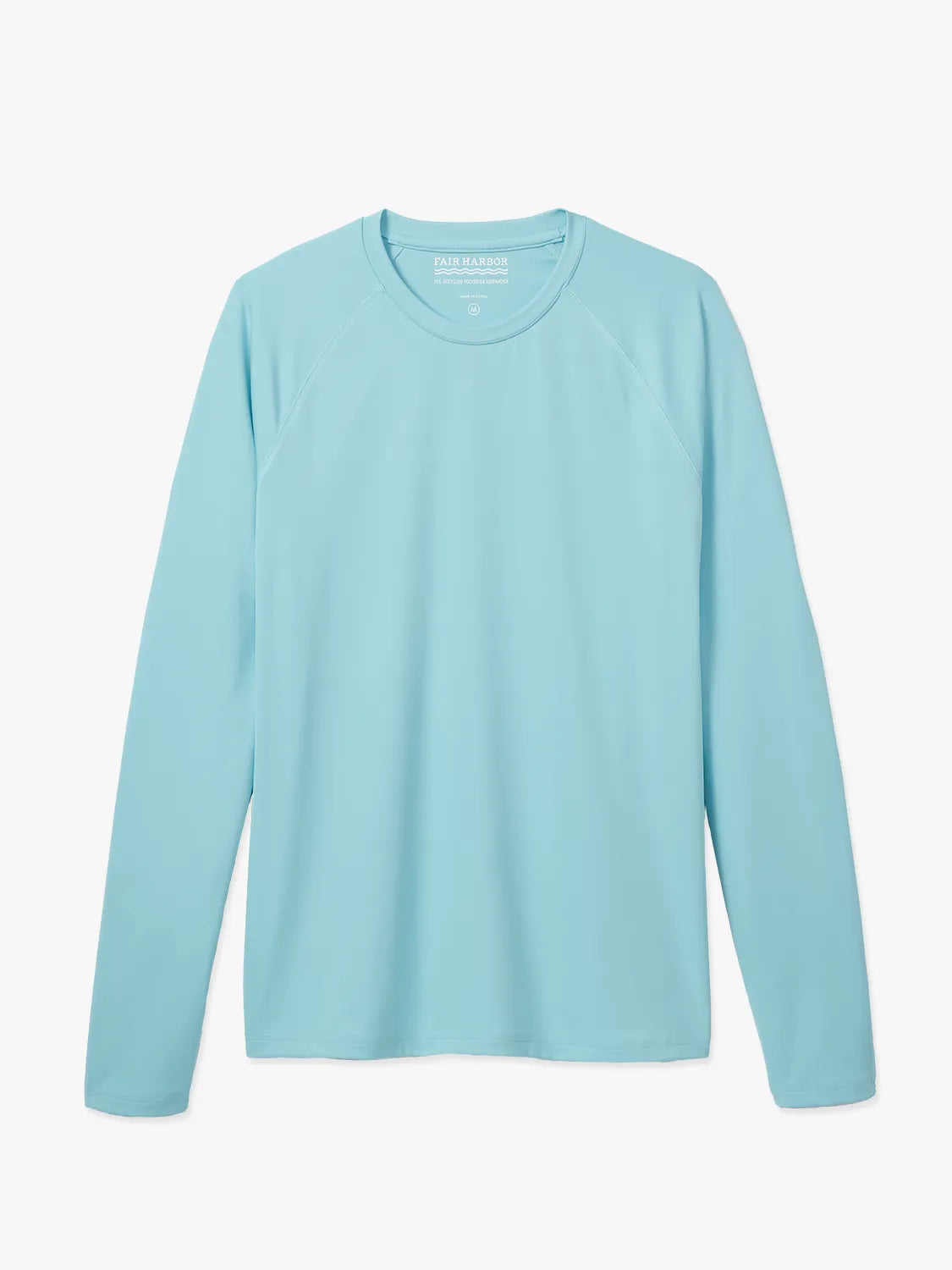 Aqua long-sleeve rashguard with crew neckline displayed flat against a white background.
