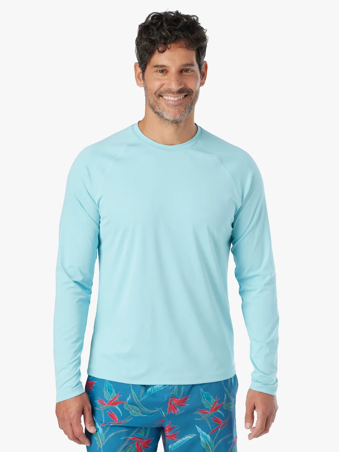 Man wearing a light aqua long-sleeve rashguard with a crew neckline and matching swim trunks.