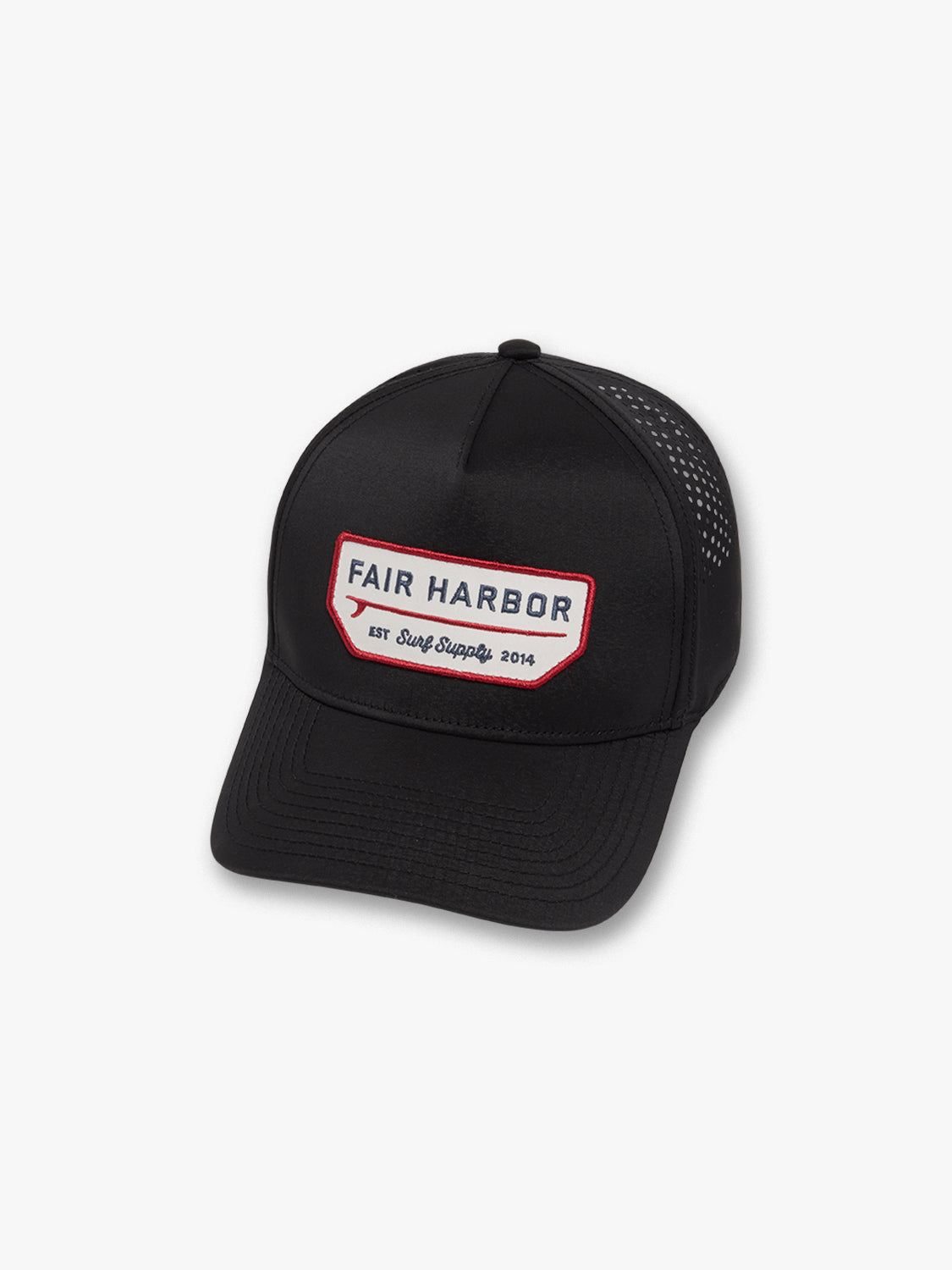 Black athletic hat with a Fair Harbor Surf Supply patch and mesh back panel.