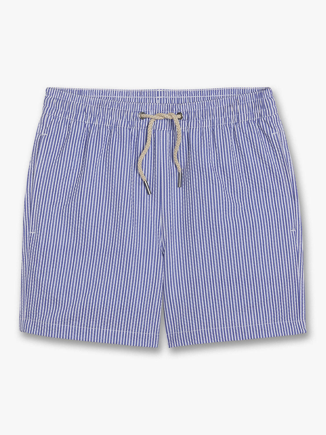 Light blue seersucker swim trunks with vertical stripes and a drawstring waist closure.