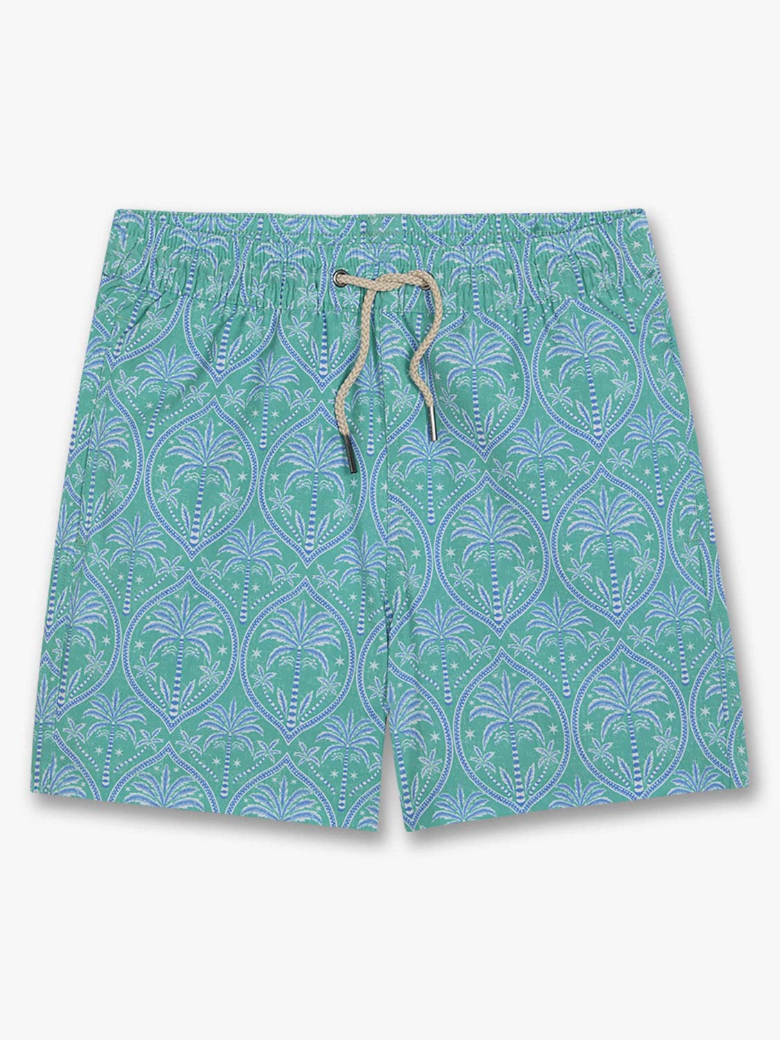 Turquoise and white patterned kids swim trunks with palm tree print and drawstring waistband.