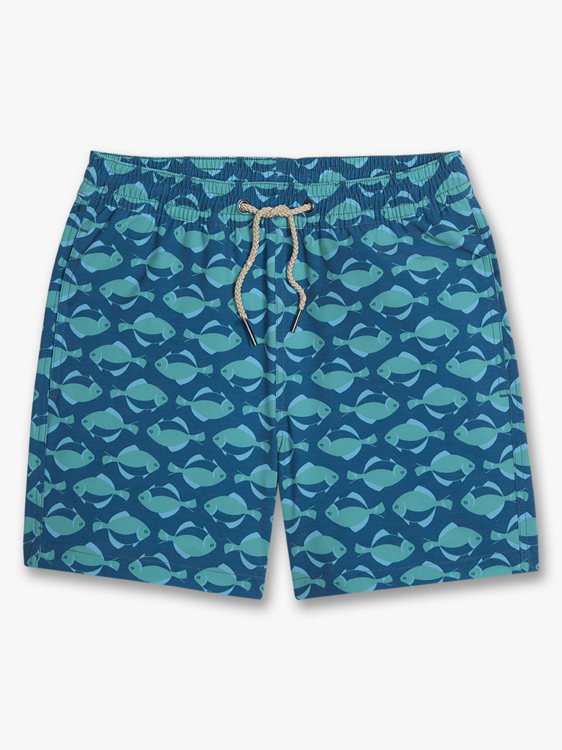 Teal and navy swim trunk with repeating flounder fish print and drawstring waist closure.