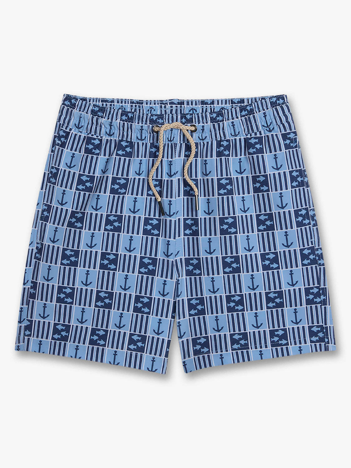 Blue and navy swim trunks with nautical tile pattern featuring anchors and vertical stripes.