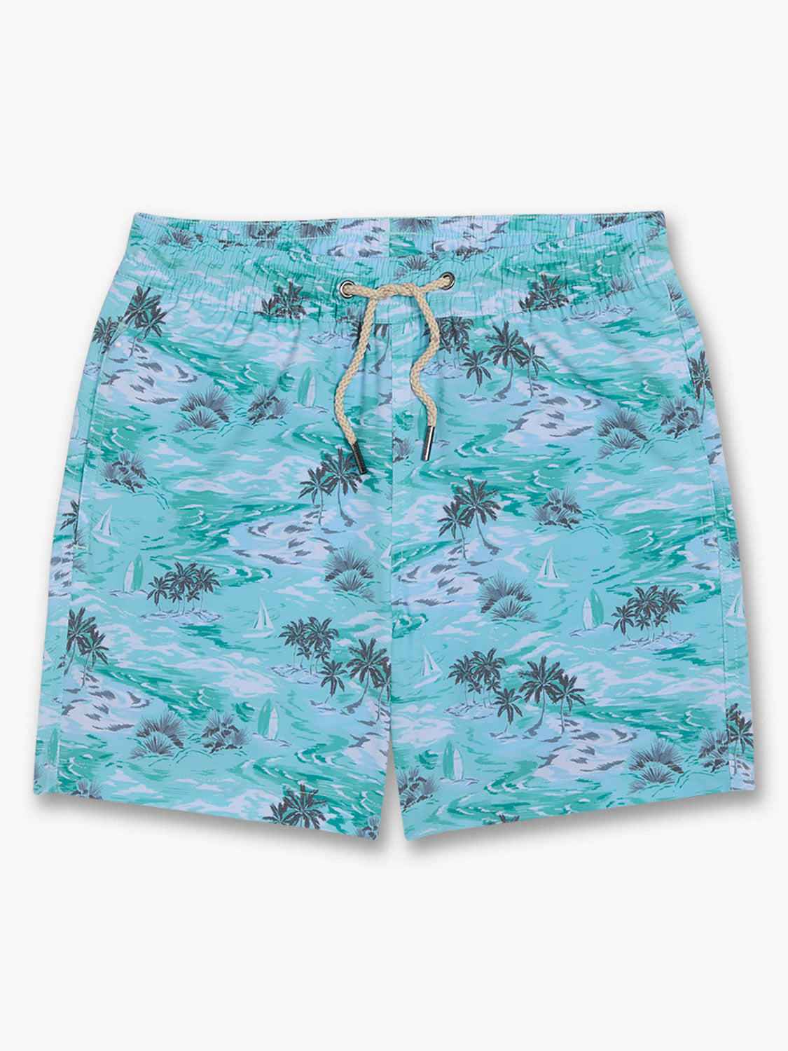 Aqua blue swim trunks with tropical palm tree and sailboat print featuring a drawstring waist.