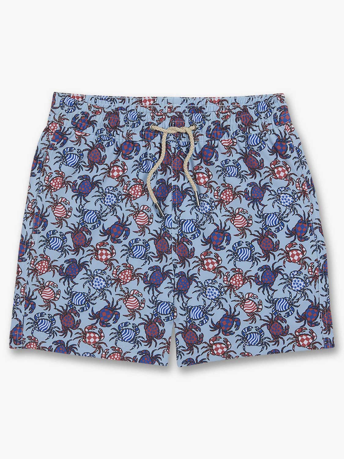 Light blue swim trunk with red, white, and navy plaid crabs in an all-over pattern and drawstring waist.