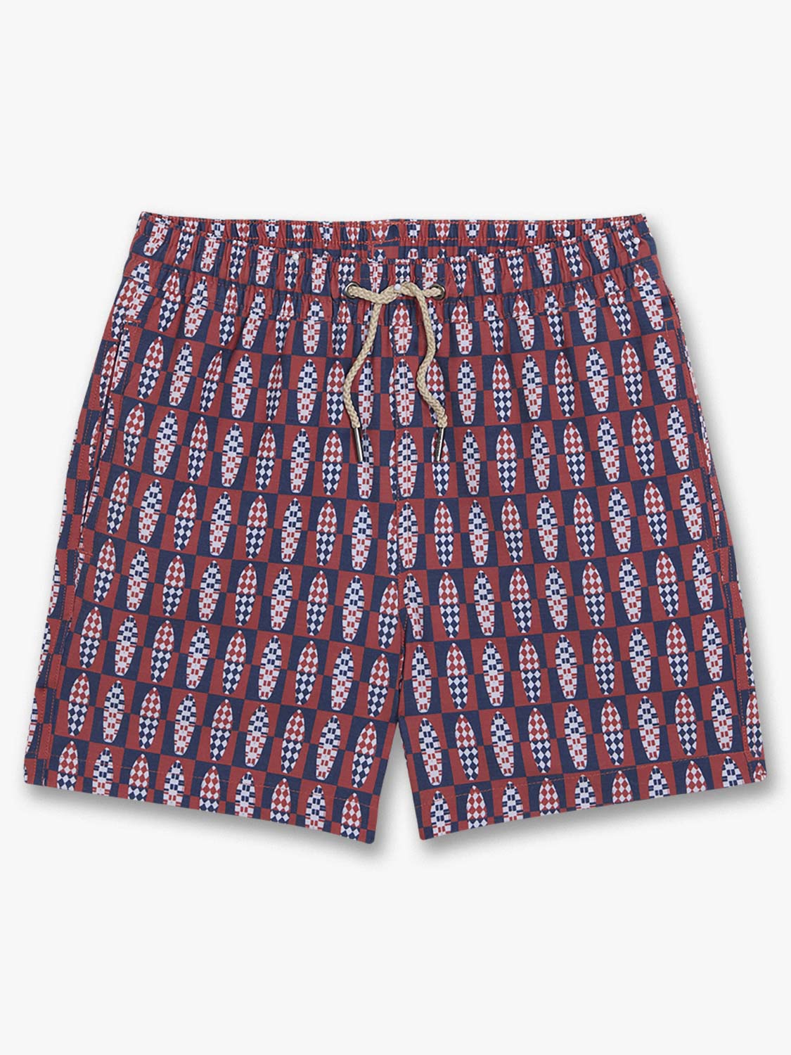Kids swim trunks with red and navy checkered surfboard pattern and drawstring waistband.