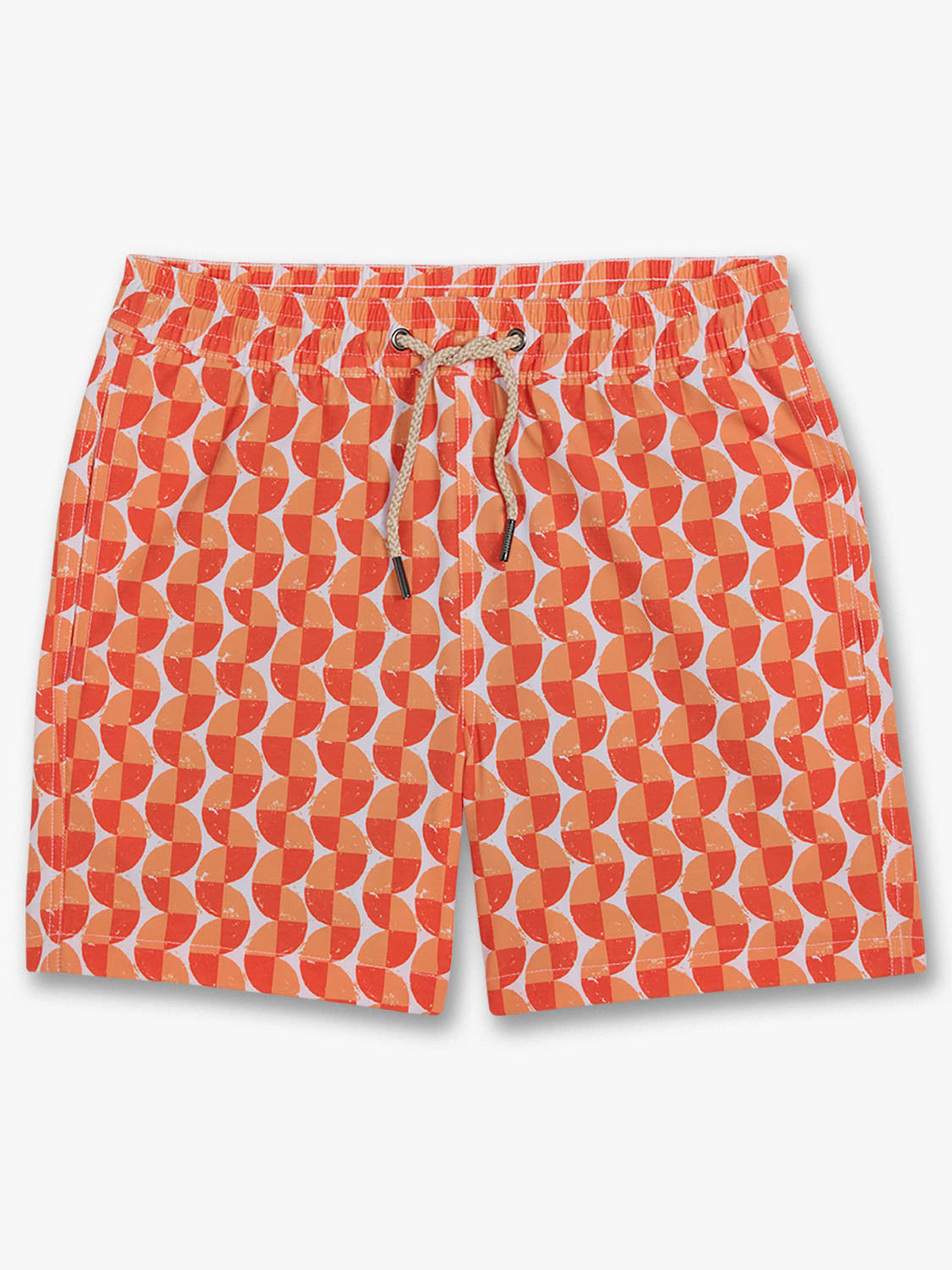 Children's swim trunks in orange with repeating geometric squiggle pattern and drawstring waist.