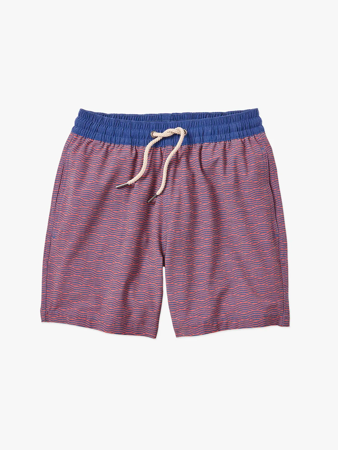 Bayberry shorts with blue waistband and red wave pattern across shorts on a white background