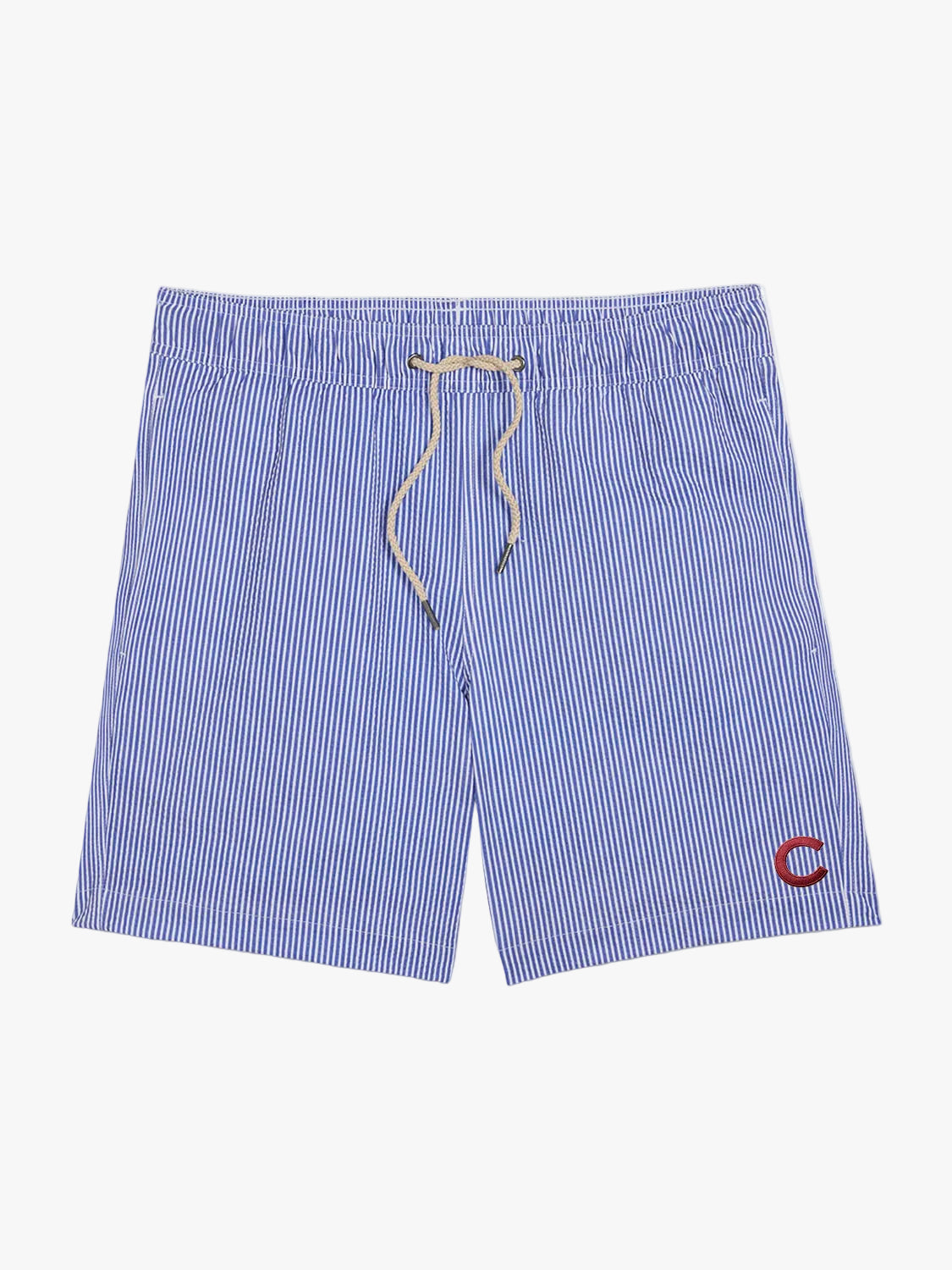 Blue and white pinstriped swim trunks with a beige drawstring and a red embroidered 'C' logo on the lower left leg, shown flat on a white background.