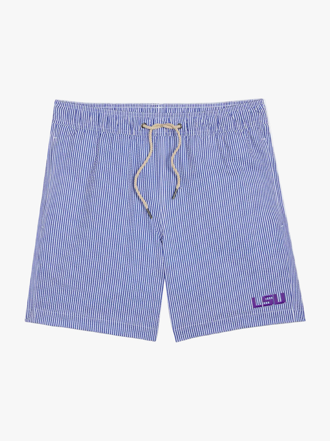 Light blue and white vertically striped swim trunks with a white drawstring and a purple LSU logo on the lower left leg, shown flat on a white background.