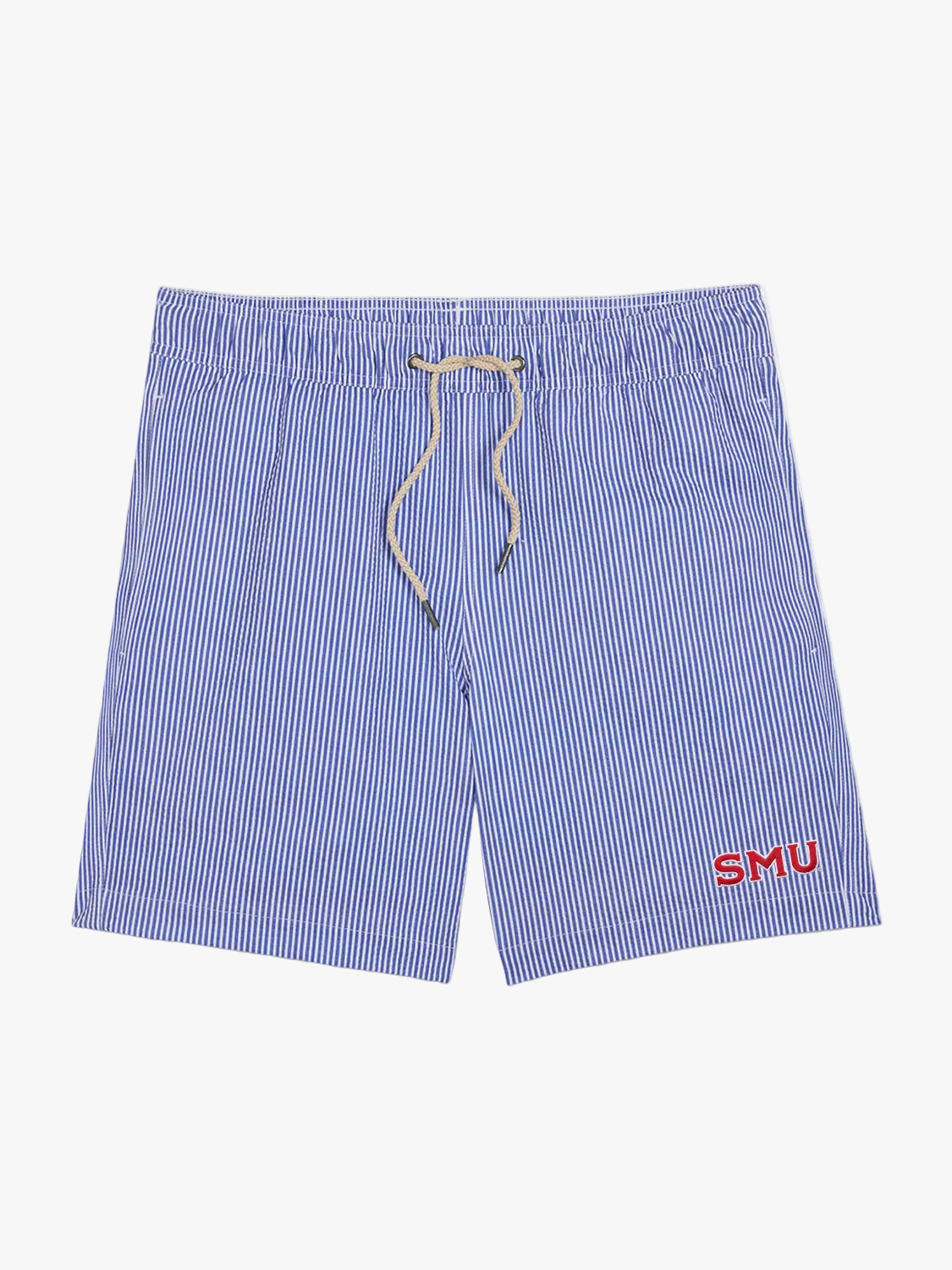 Light blue seersucker swim trunk with white vertical stripes and tan drawstring waistband.