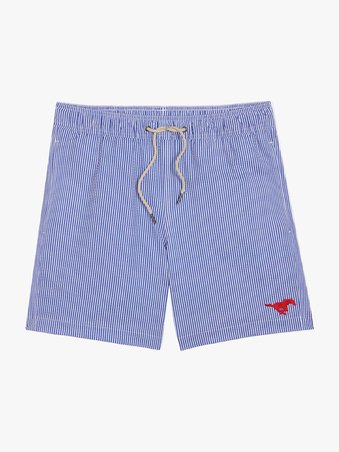 Light blue and white striped seersucker swim trunks with drawstring waist and small red logo.