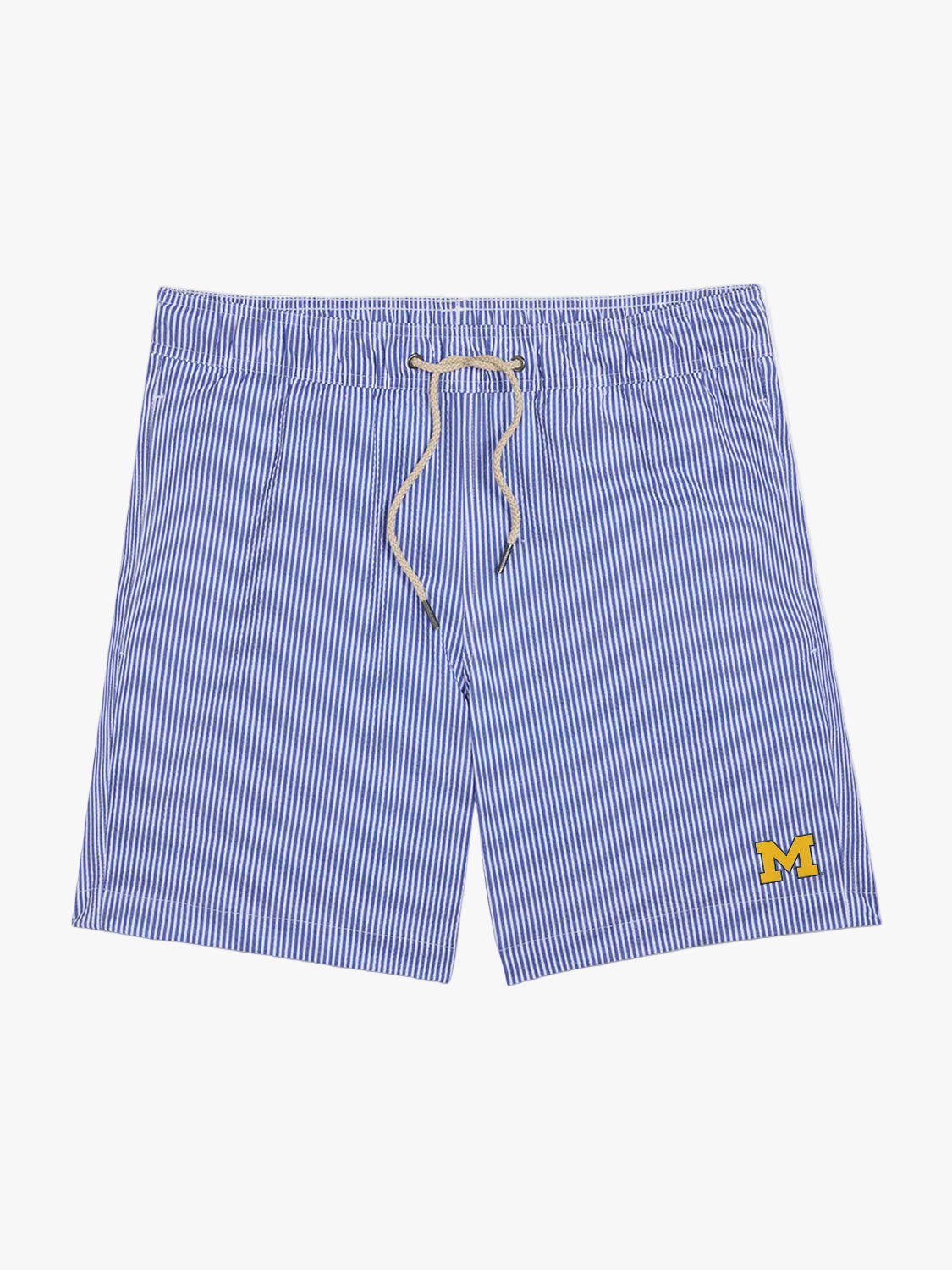 Light blue seersucker swim trunks with vertical stripes and a tan drawstring waist.