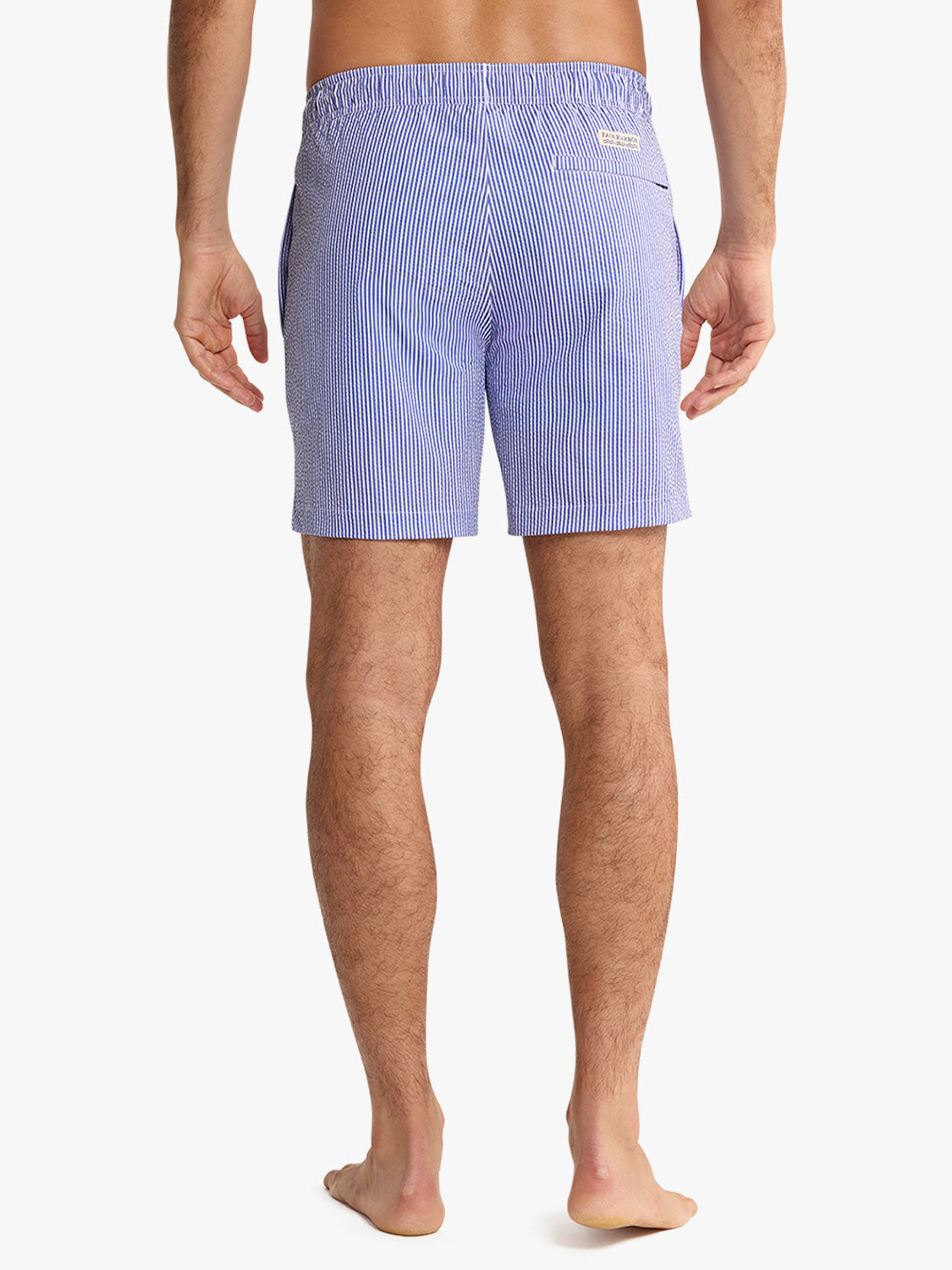 Man wearing light blue and white striped seersucker swim trunk shorts, shown from back view.